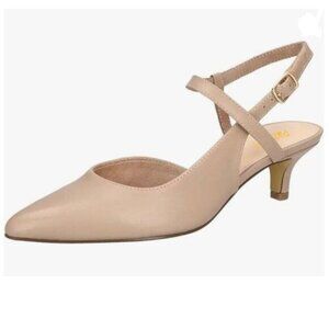Pazzion Beige Pointed Toe Kitten Low Heels Ankle Strappy Formal Comfortable Pump